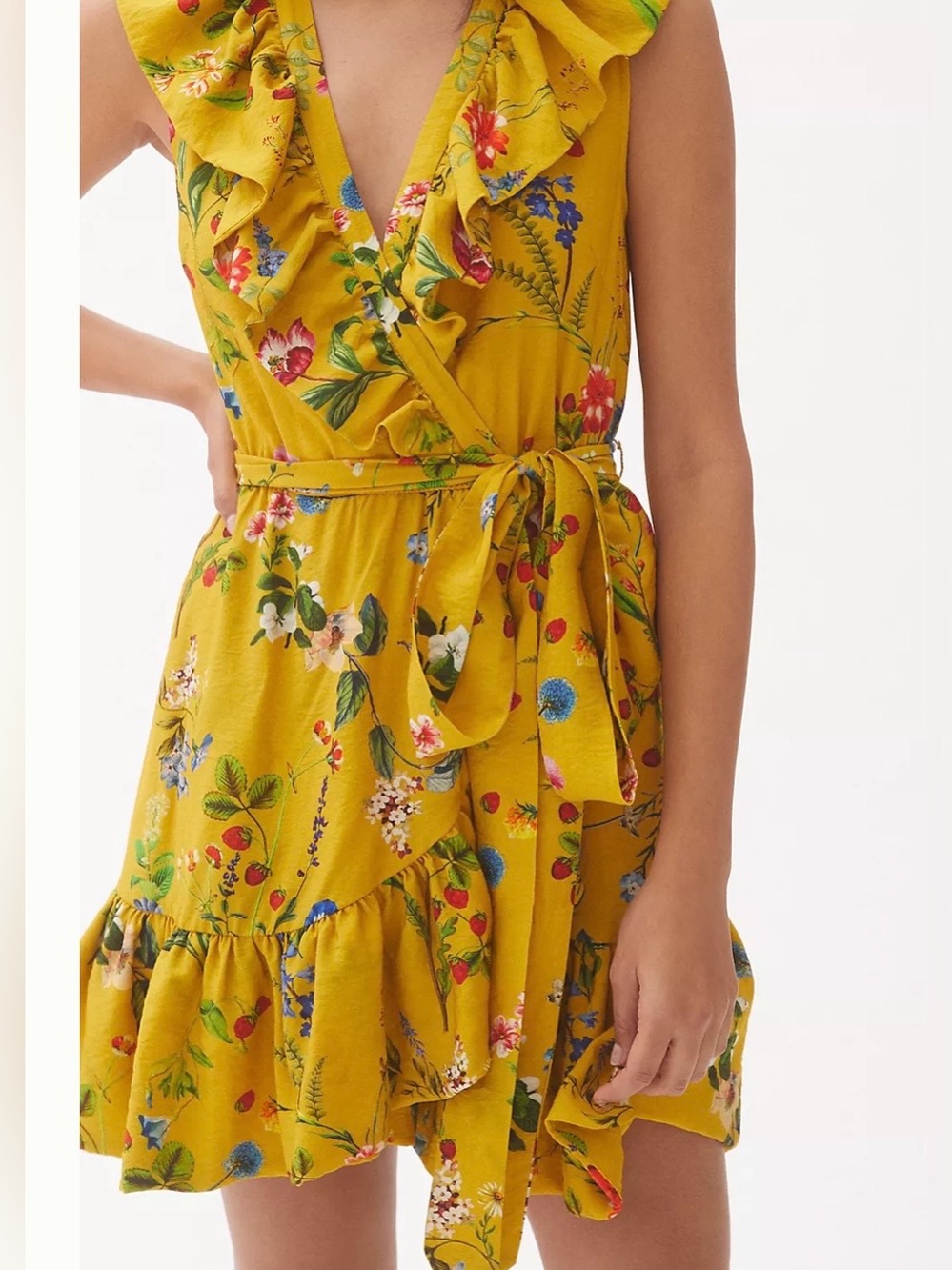 Maeve Mustard Floral Wrap Mini Dress with Ruffle Trim